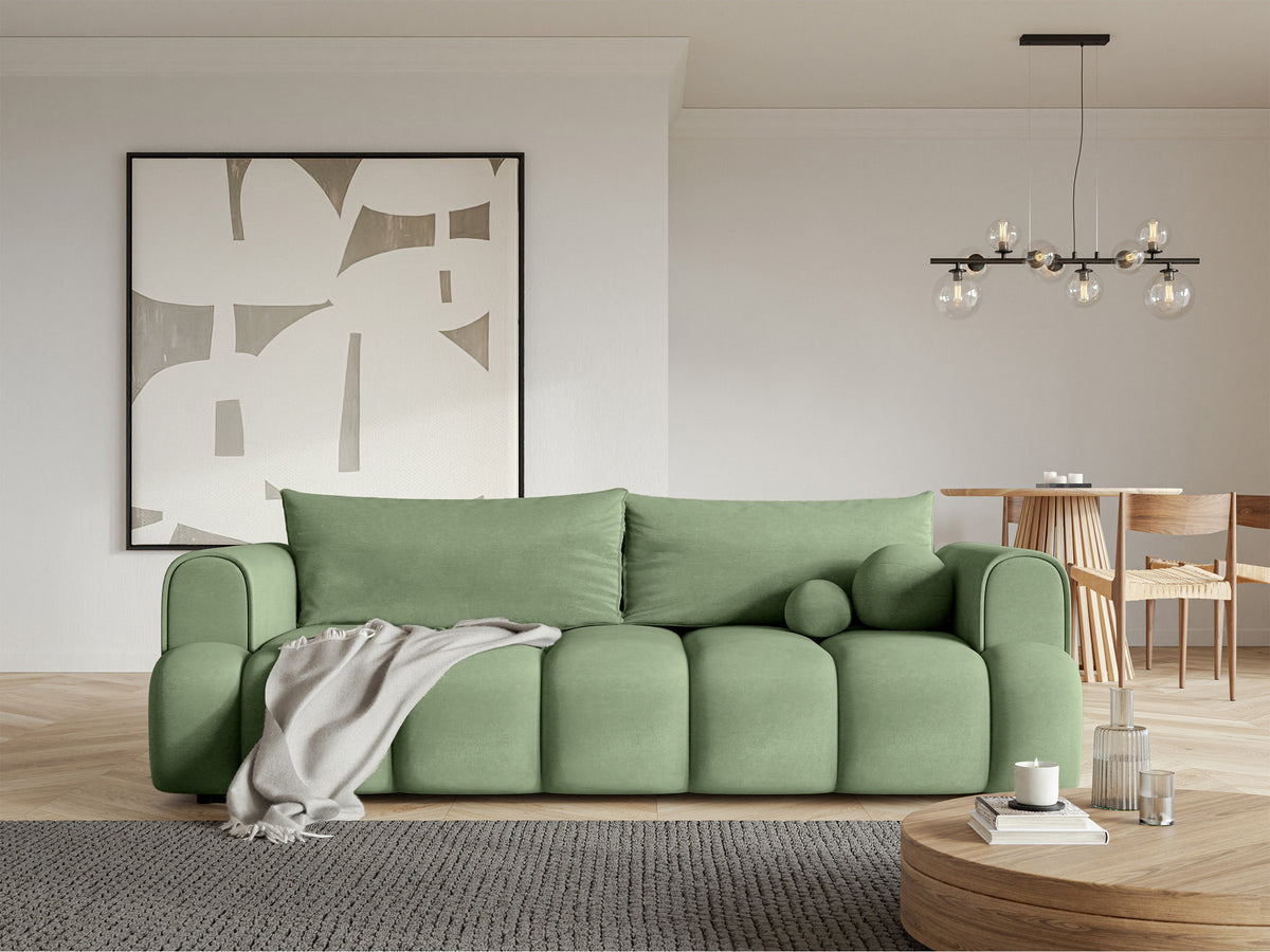 Canapé 3 places Dandelino avec fonction couchage, velours hydrofuge eucalyptus