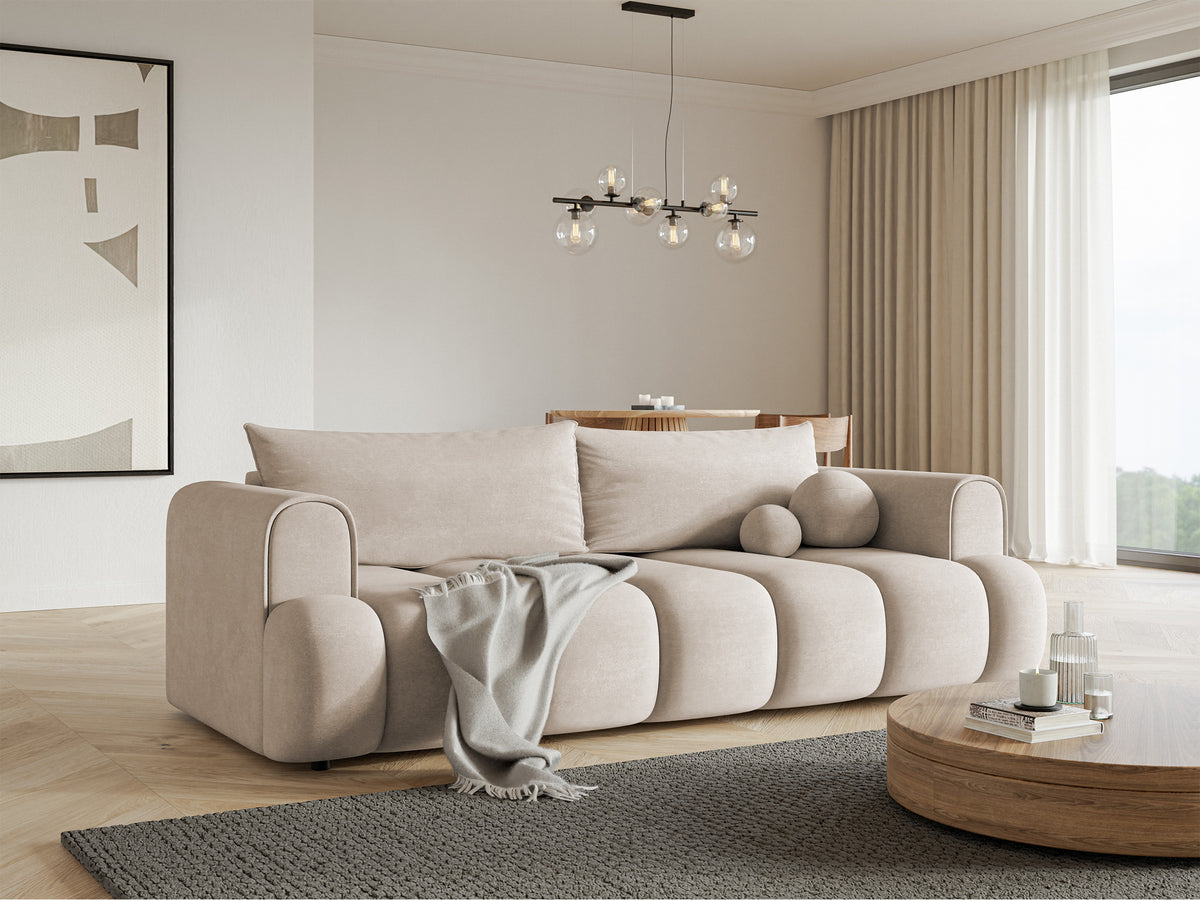 Canapé 3 places Dandelino avec fonction couchage, velours hydrofuge gris-beige