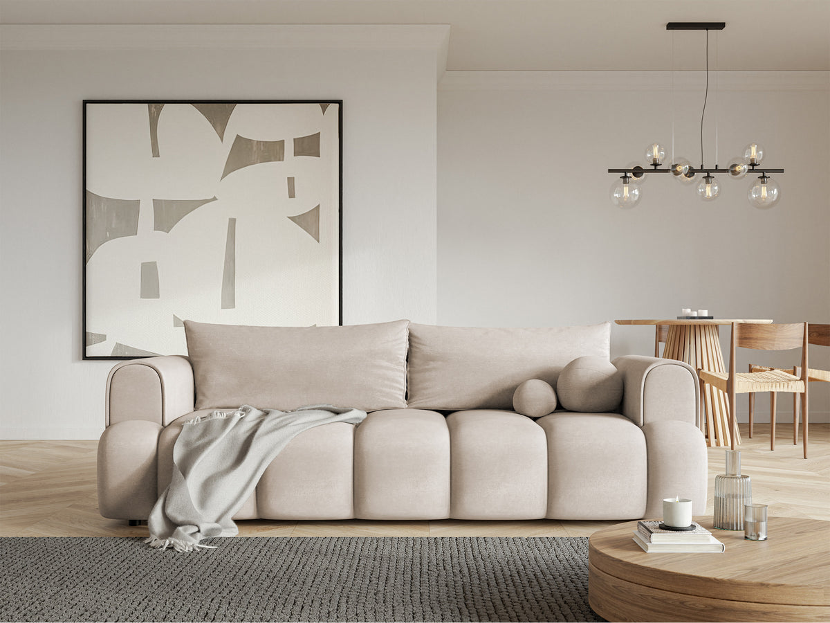 Canapé 3 places Dandelino avec fonction couchage, velours hydrofuge gris-beige