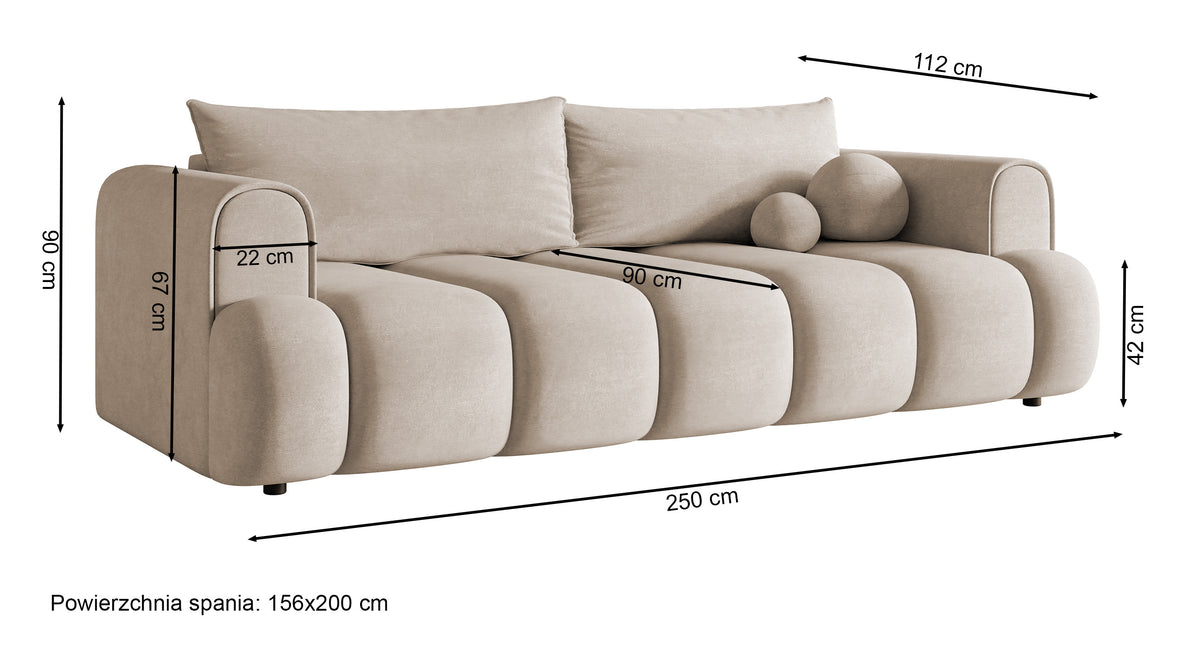Canapé 3 places Dandelino avec fonction couchage, velours hydrofuge gris-beige
