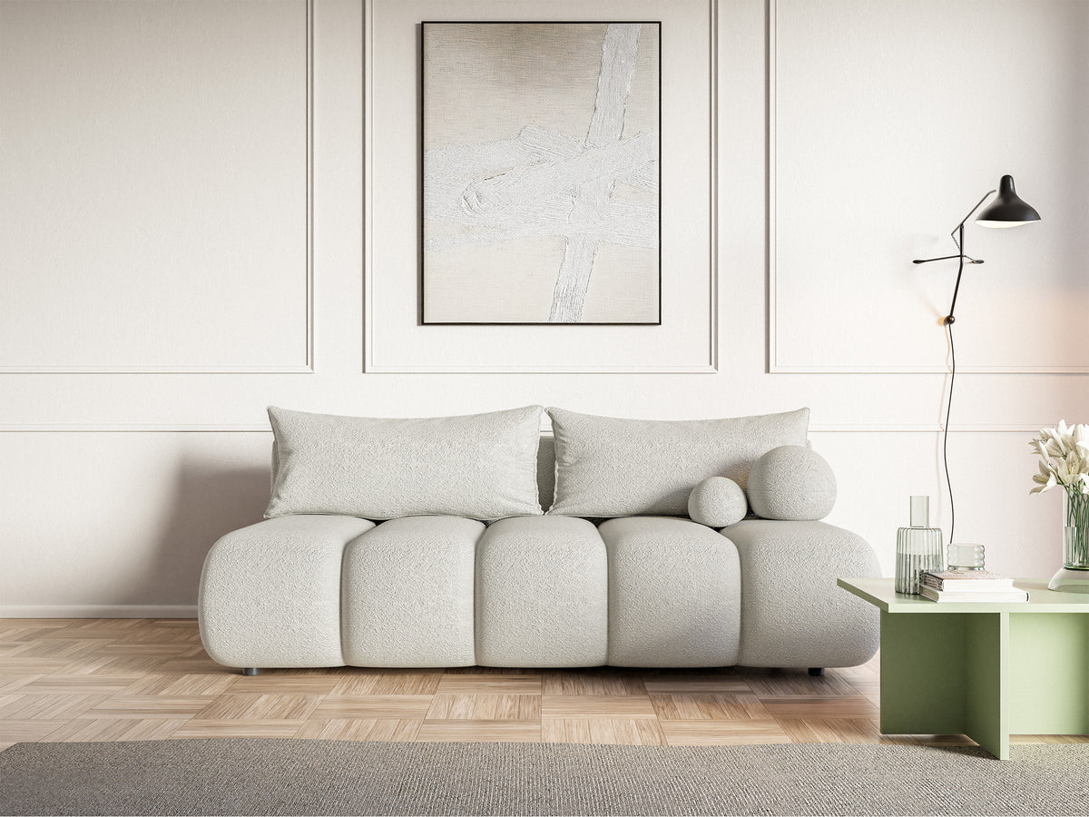 Dreisitziges Sofa Dandelino Mini mit Schlaffunktion, hellbeige Bouclé