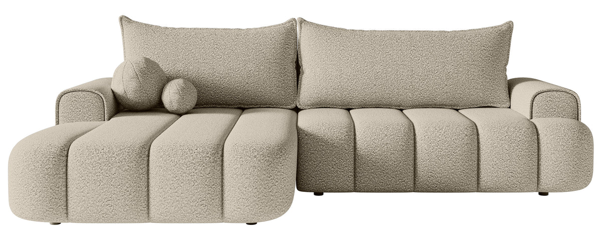Canapé d'angle Dandelino en L, côté gauche, avec fonction couchage et coffre de rangement, bouclé beige clair