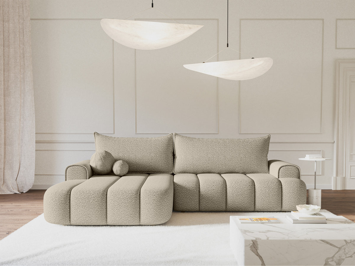 Canapé d'angle Dandelino en L, côté gauche, avec fonction couchage et coffre de rangement, bouclé beige clair