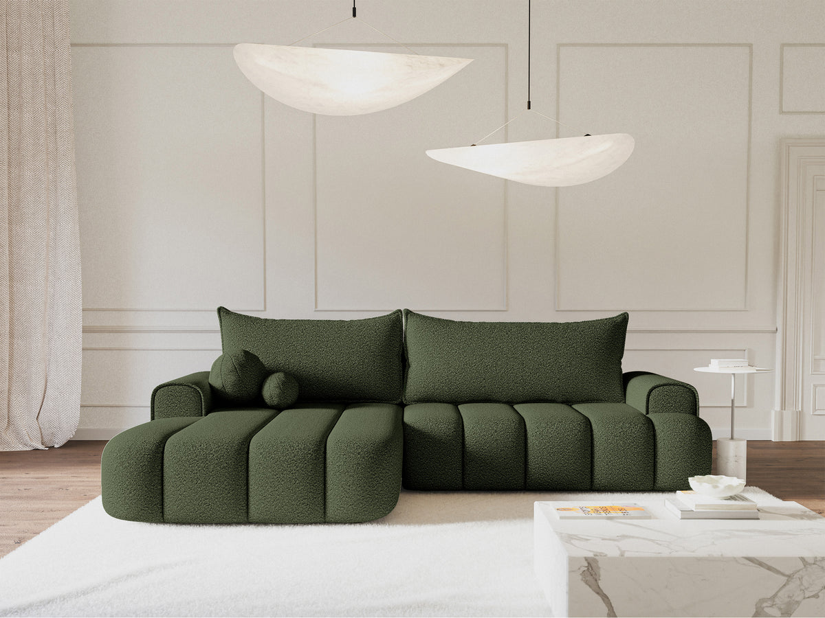 Canapé d'angle Dandelino L gauche avec fonction couchage et coffre, tissu boucle kaki