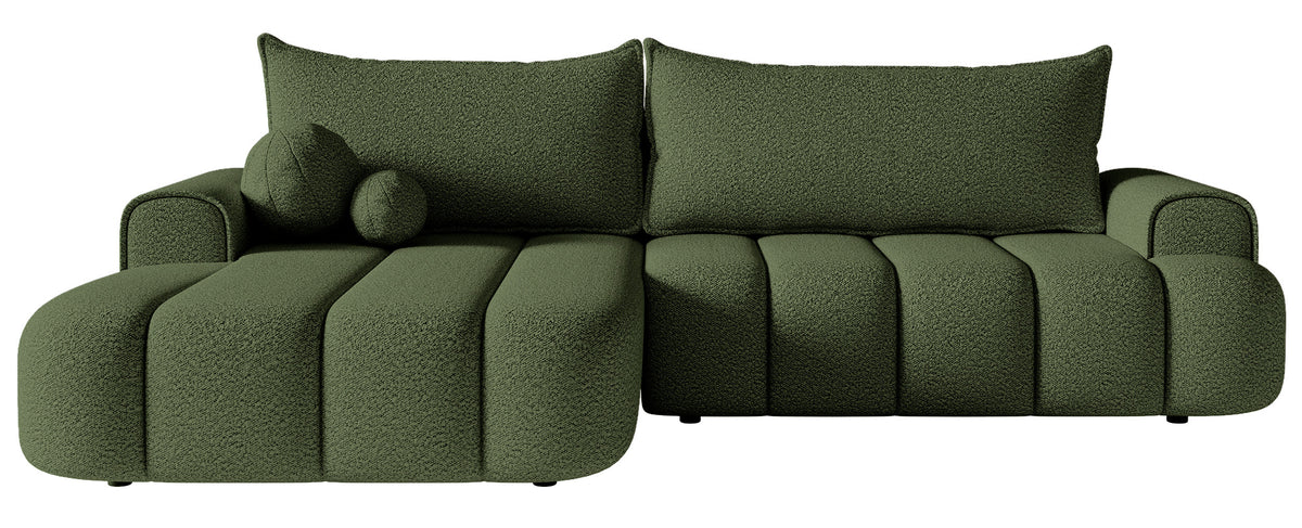 Canapé d'angle Dandelino L gauche avec fonction couchage et coffre, tissu boucle kaki