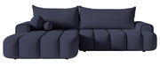Canapé d'angle convertible Dandelino en velours bleu marine, forme en L, côté gauche, avec coffre de rangement