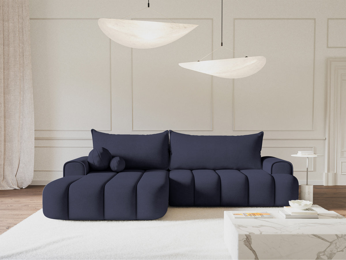 Canapé d'angle convertible Dandelino en velours bleu marine, forme en L, côté gauche, avec coffre de rangement