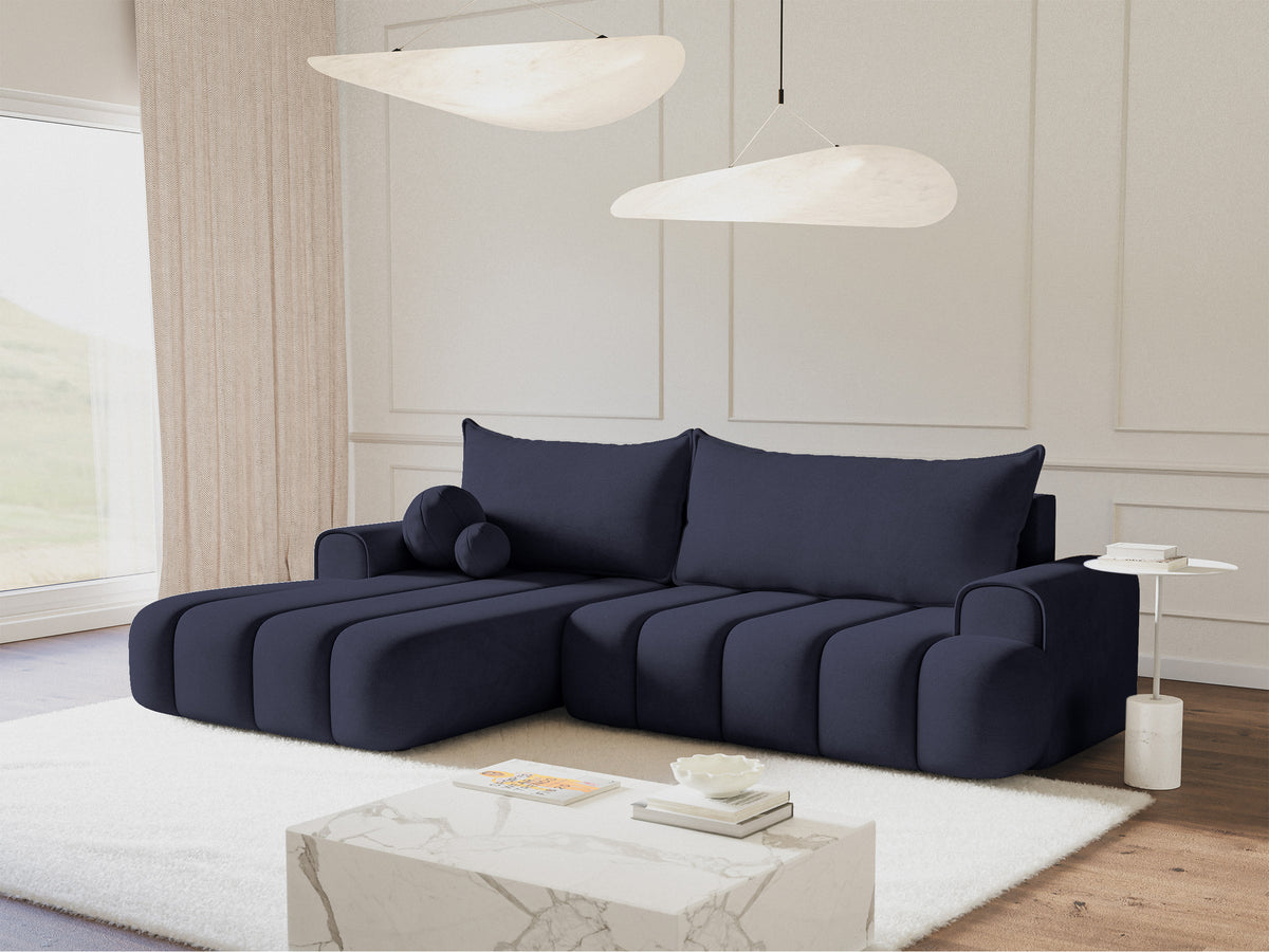 Canapé d'angle convertible Dandelino en velours bleu marine, forme en L, côté gauche, avec coffre de rangement