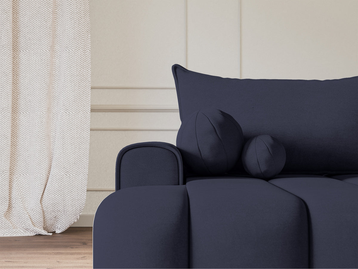 Canapé d'angle convertible Dandelino en velours bleu marine, forme en L, côté gauche, avec coffre de rangement