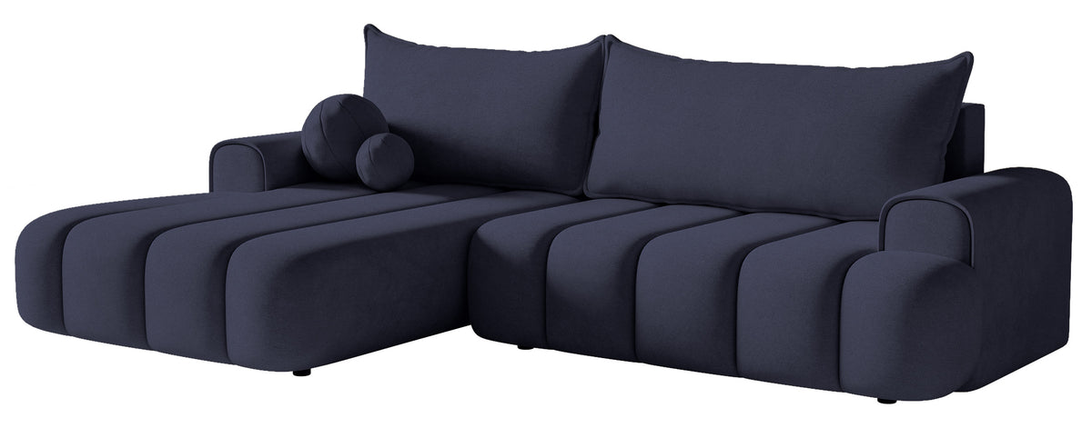 Canapé d'angle convertible Dandelino en velours bleu marine, forme en L, côté gauche, avec coffre de rangement