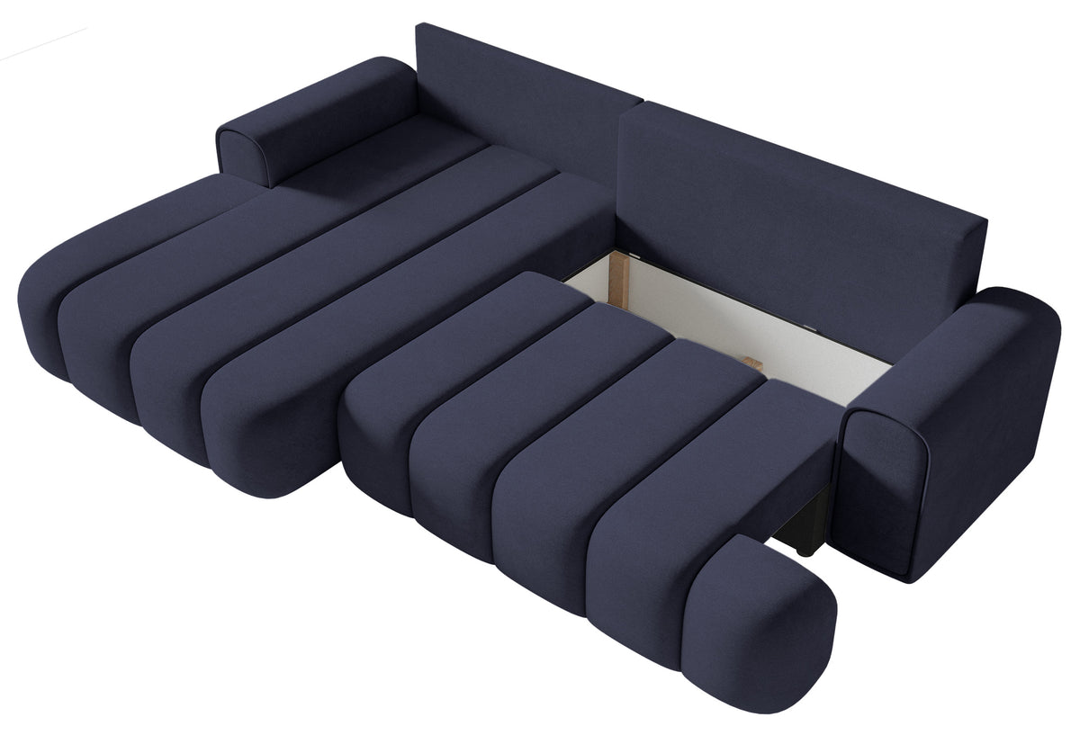Canapé d'angle convertible Dandelino en velours bleu marine, forme en L, côté gauche, avec coffre de rangement