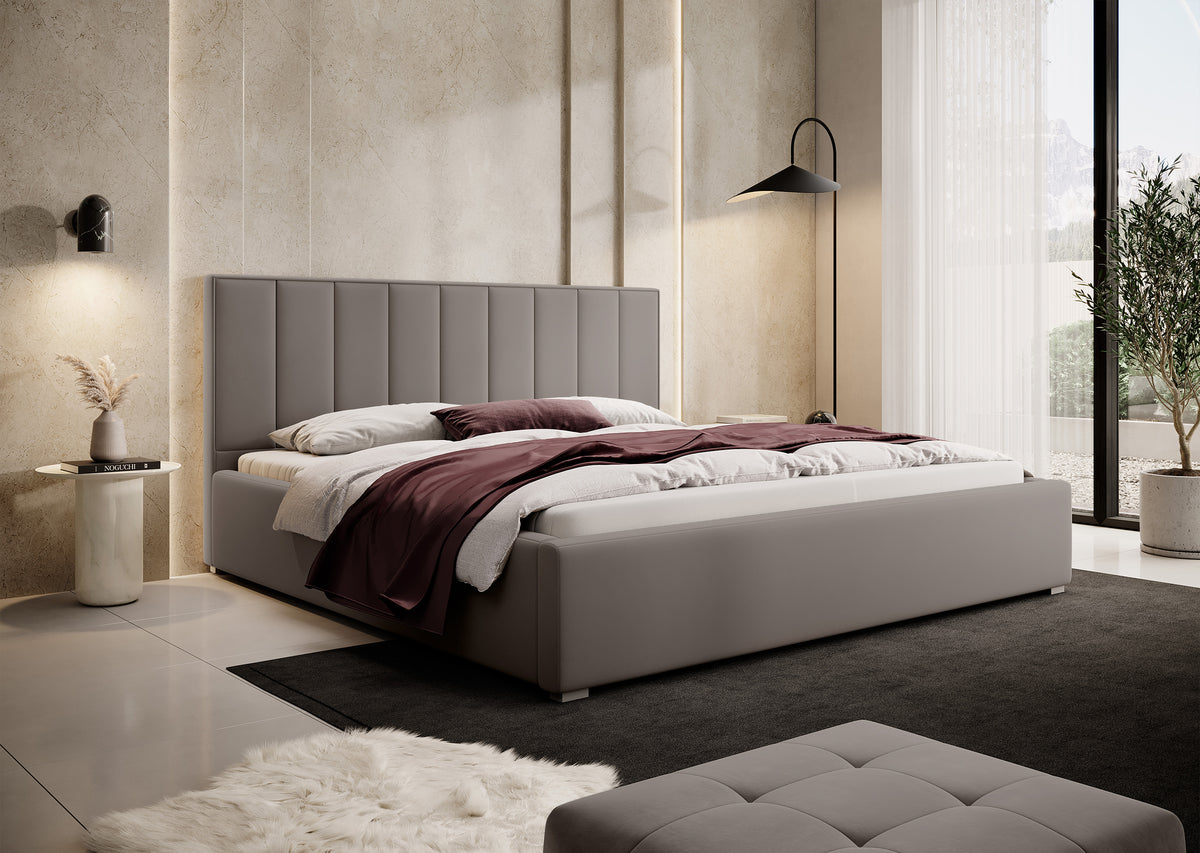 Lit tapissé 140x200 cm Rinus avec rangement beige en tissu hydrofuge