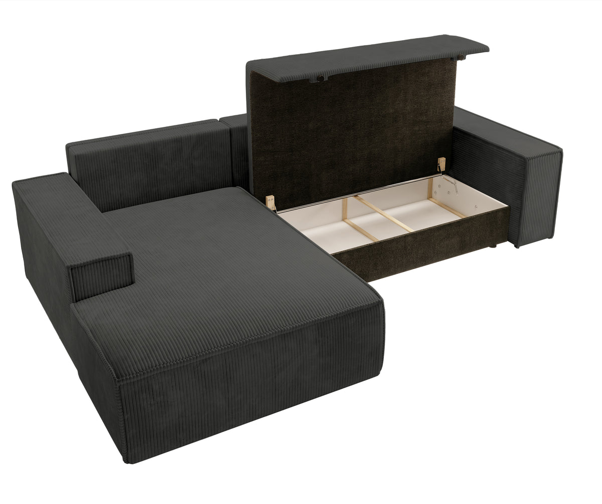 Canapé d'angle avec fonction couchage Farese New en velours côtelé gris foncé, côté gauche, avec rangement