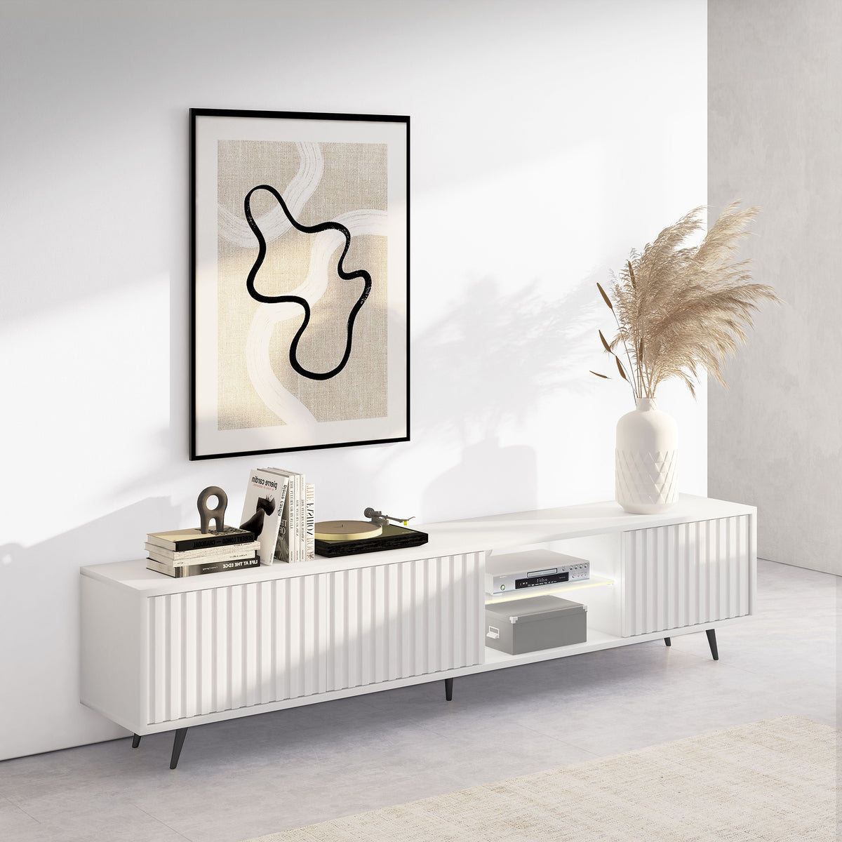 Meuble TV Bello avec façades à lamelles 175 cm blanc avec LED et pieds noirs