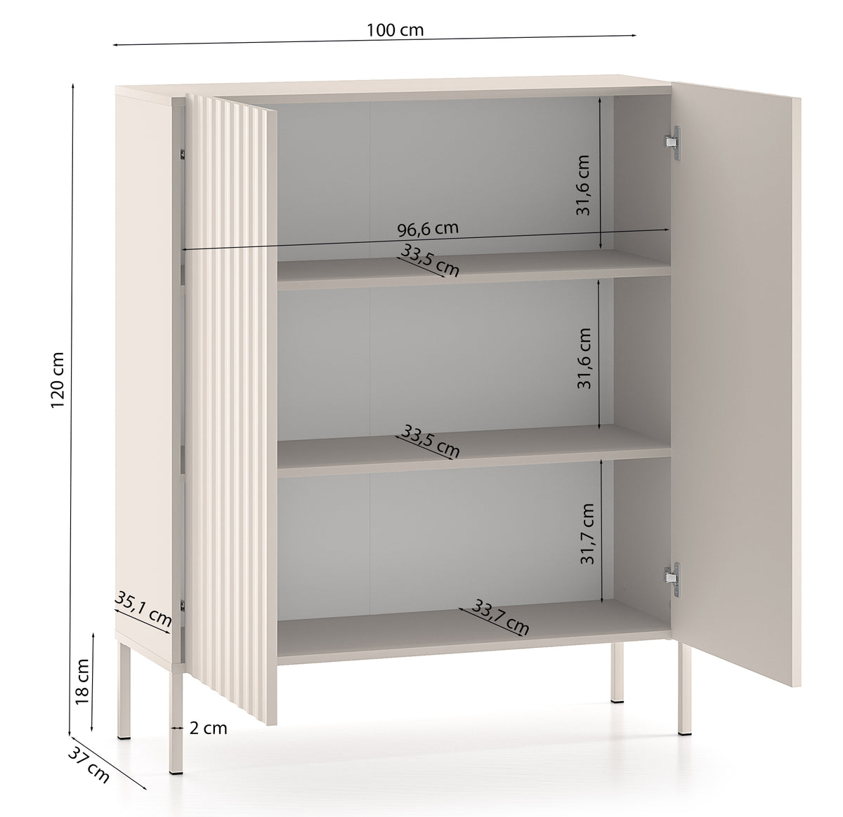 Commode haute à deux portes Derriva avec façades rainurées 100 cm cachemire