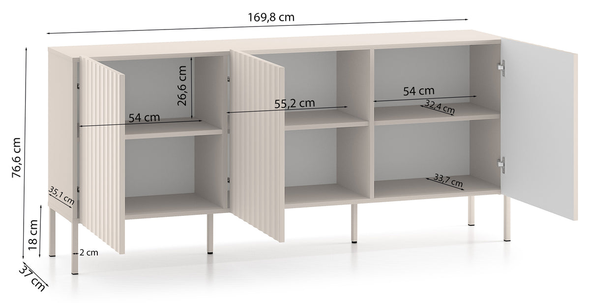 Commode trois portes Derriva avec façades rainurées 170 cm cachemire