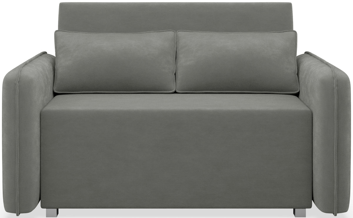 Zweisitziges Schlafsofa Duelia mit Stauraum, dunkelgrauer hydrophober Chenillebezug