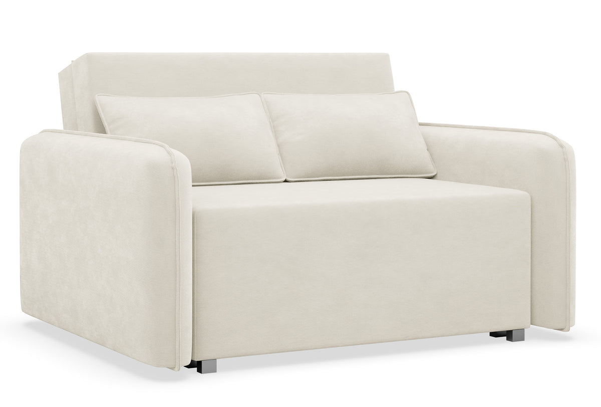 Canapé convertible deux places Duelia avec coffre, en chenille hydrofuge crème