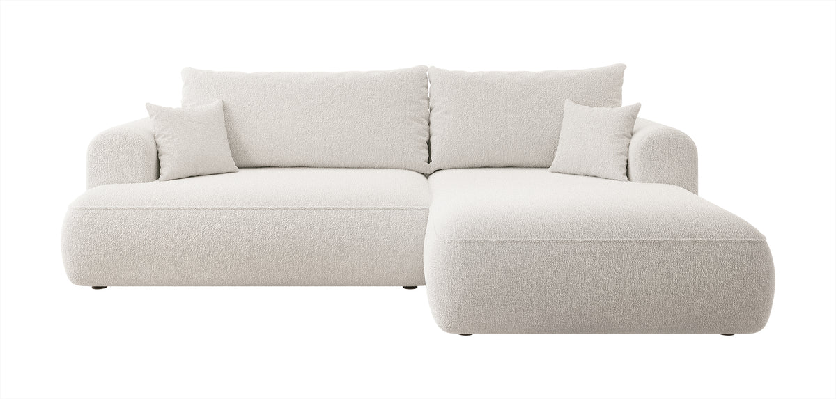 Canapé d'angle convertible Ovo en L crème avec rangement, tissu boucle, version droite