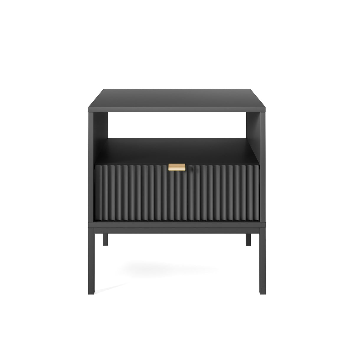 Nachttisch Vellore 54 cm schwarz mit geriffelter Front und goldenem Griff