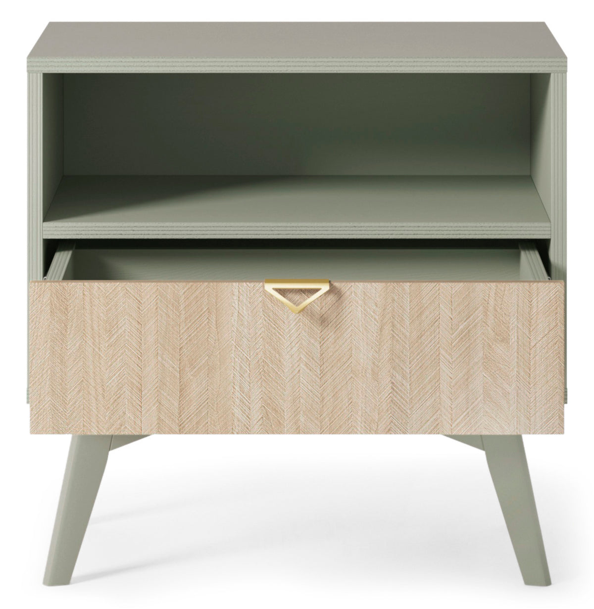 Nachttisch Favoria mit Schublade 54 cm Eukalyptus/Fischgrätmuster Scandi mit goldenem Griff