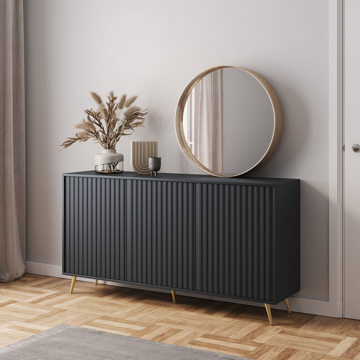 Kommode Bello mit Lamellenfronten, 154 cm, schwarz mit goldenen Beinen