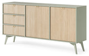 Commode Favoria 2 portes avec tiroirs 158 cm eucalyptus/motif chevron scandi avec poignées dorées