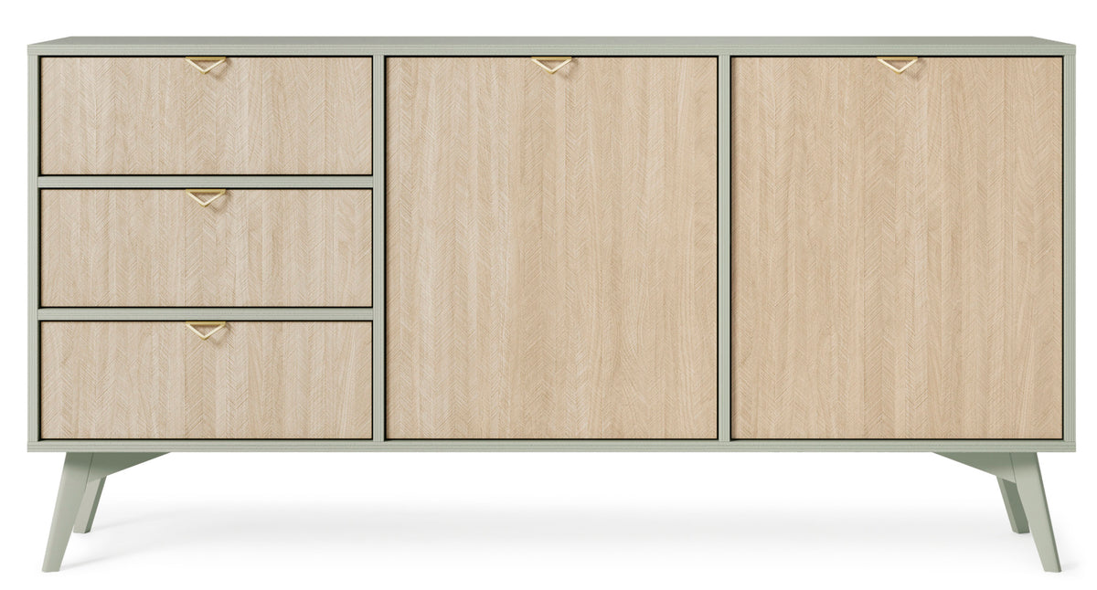 Commode Favoria 2 portes avec tiroirs 158 cm eucalyptus/motif chevron scandi avec poignées dorées