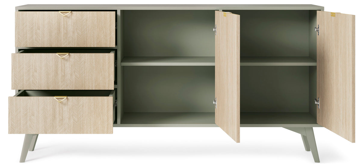Commode Favoria 2 portes avec tiroirs 158 cm eucalyptus/motif chevron scandi avec poignées dorées