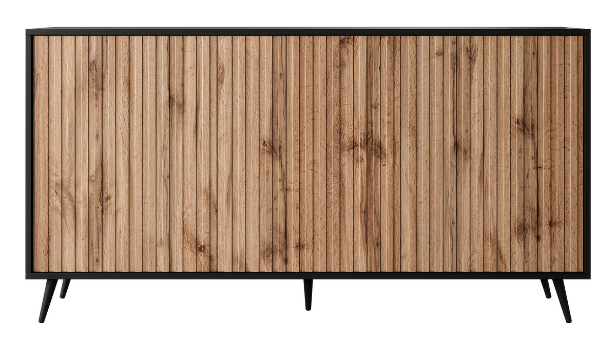 Commode Bello avec façades à lames 154 cm noire/chêne Wotan
