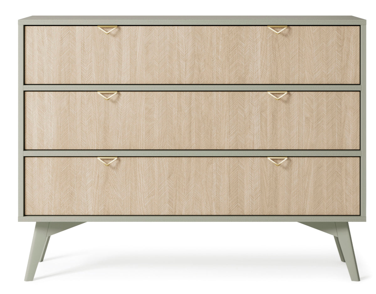 Commode Favoria avec tiroirs 106 cm eucalyptus/chevron scandi avec poignées dorées