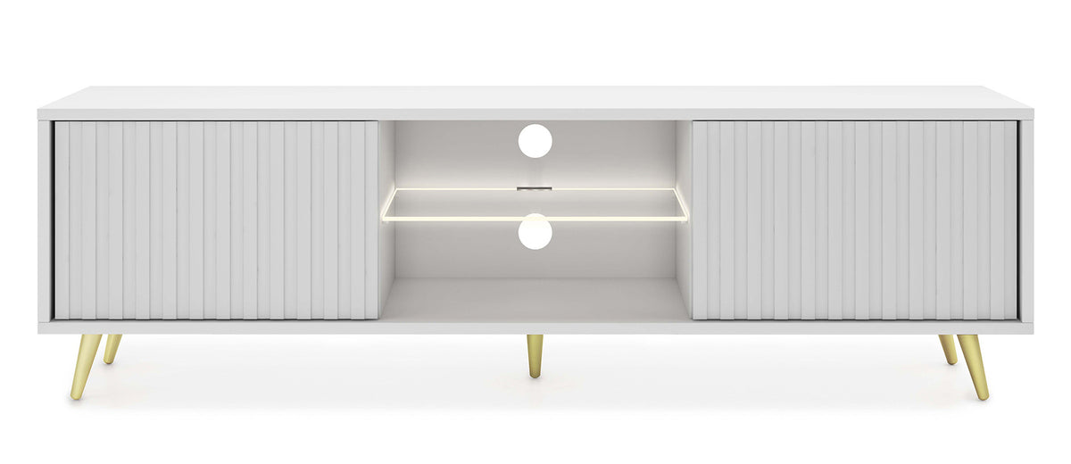 Meuble TV Bello 135 cm blanc avec portes à lamelles et pieds dorés