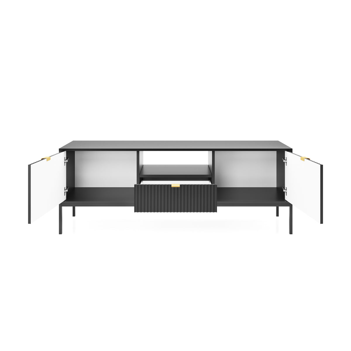 TV-Schrank Vellore 154 cm schwarz mit gerillten Fronten und goldenen Griffen