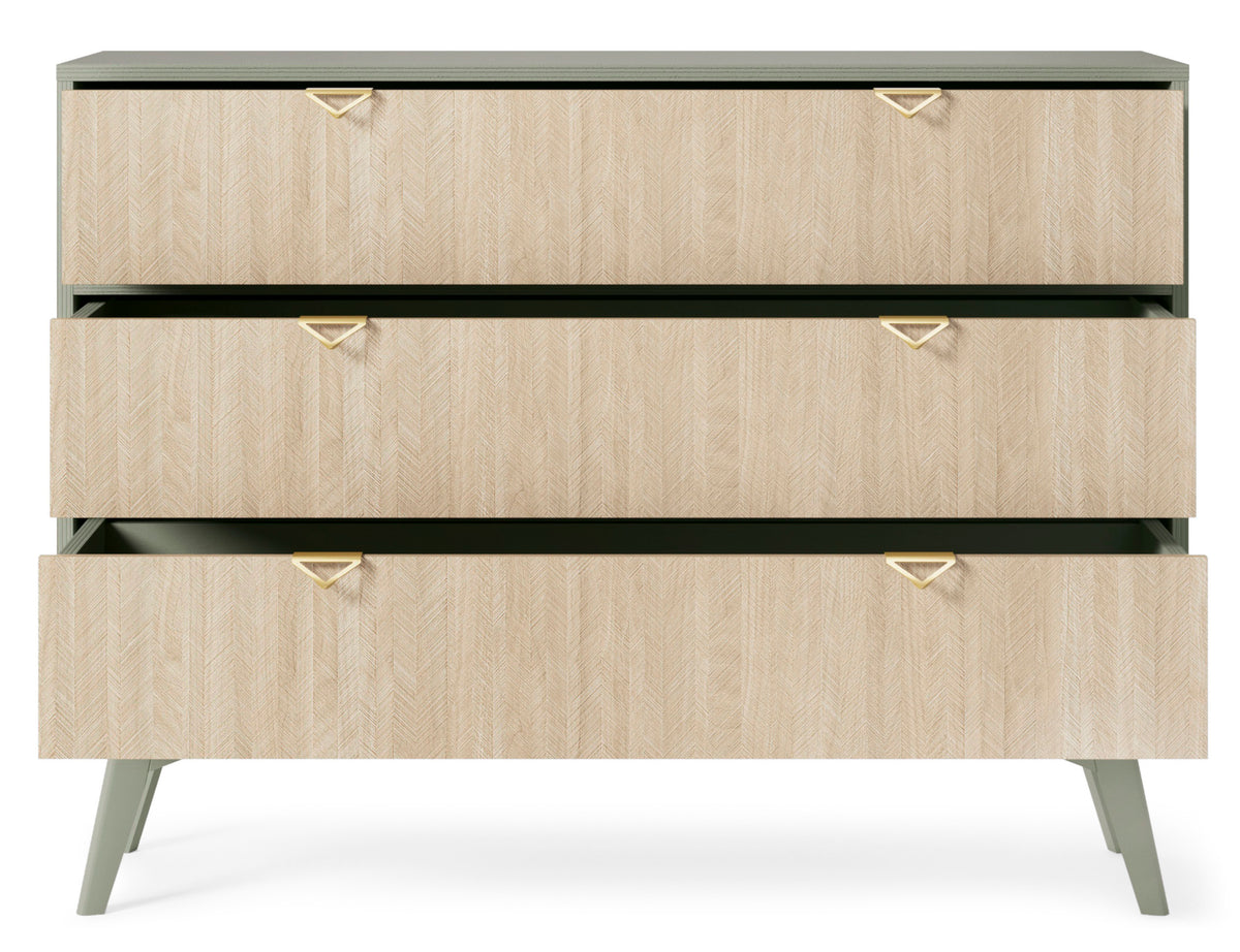 Commode Favoria avec tiroirs 106 cm eucalyptus/chevron scandi avec poignées dorées
