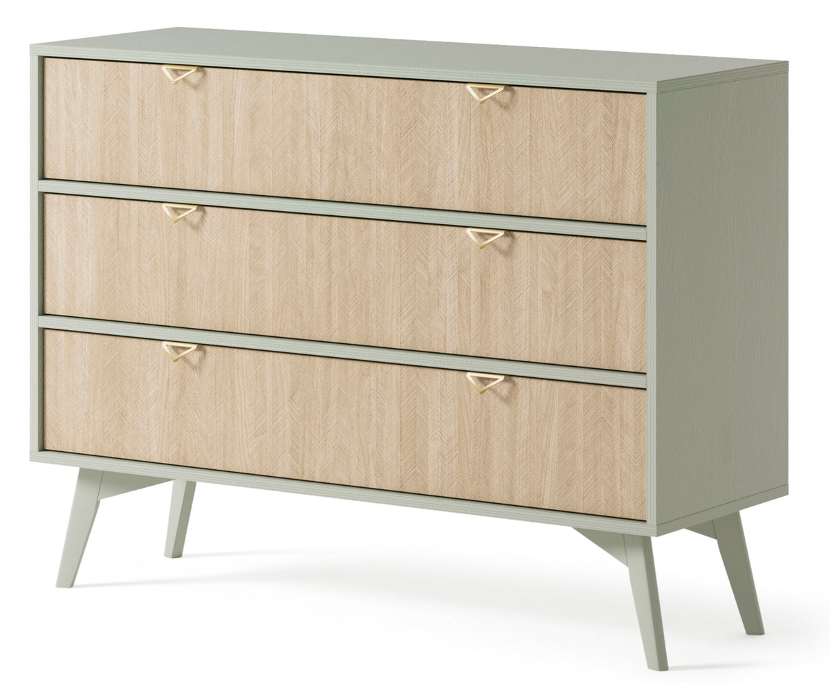 Commode Favoria avec tiroirs 106 cm eucalyptus/chevron scandi avec poignées dorées