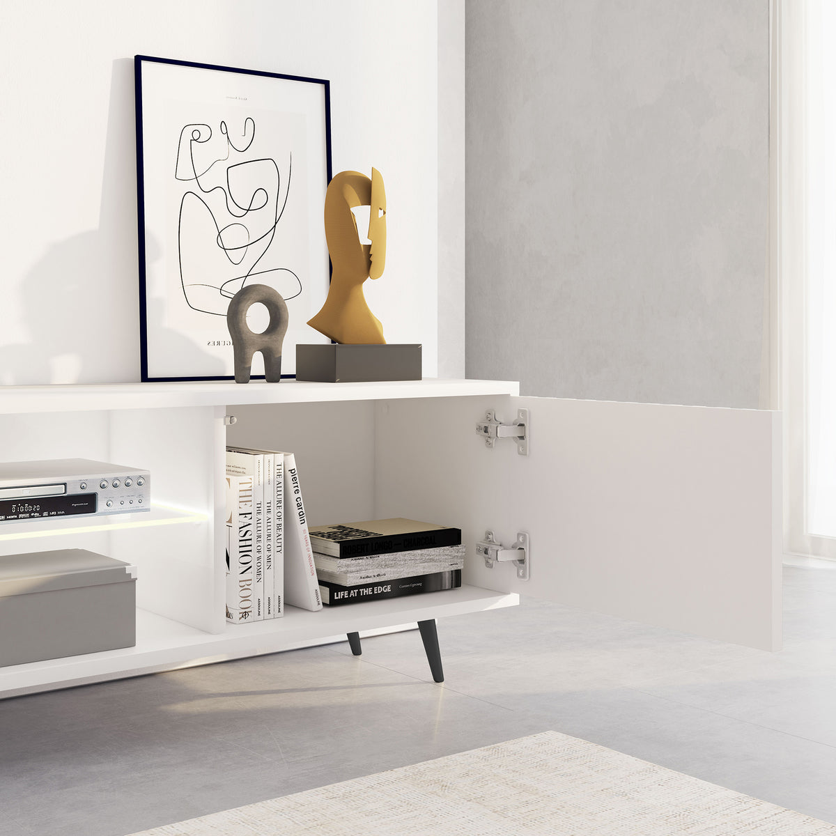Meuble TV Bello avec façades à lamelles 175 cm blanc avec LED et pieds noirs