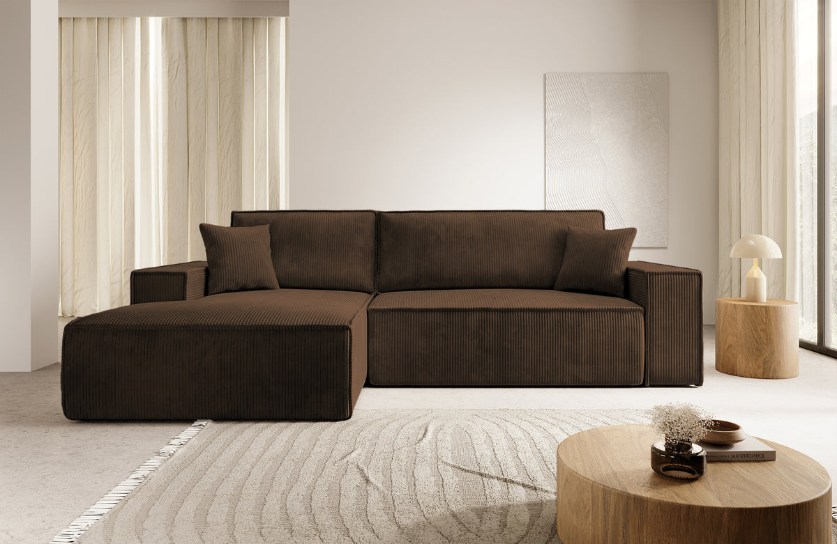 Canapé d'angle avec fonction couchage Farese New en L, avec rangement, velours côtelé marron, côté gauche