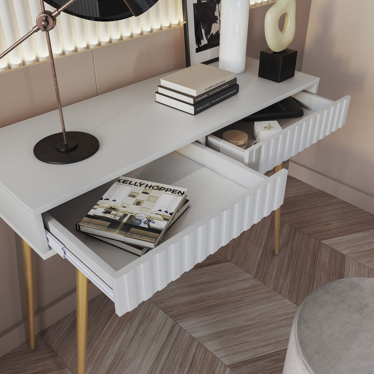 Coiffeuse Bello 104 cm blanche avec pieds dorés