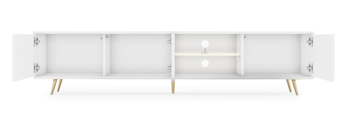 Meuble TV Bello avec façades à lamelles 175 cm blanc avec LED et pieds dorés