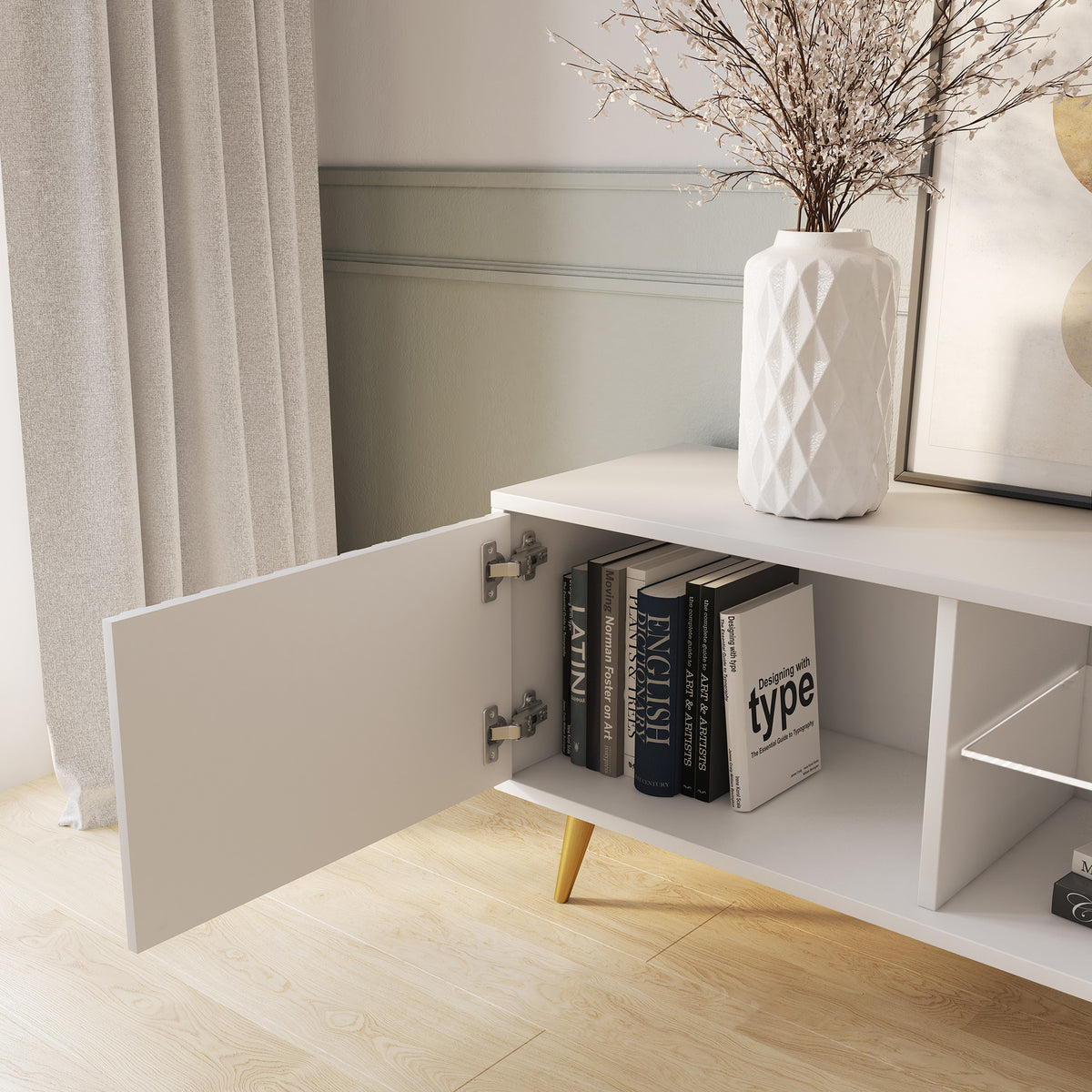 Meuble TV Bello 135 cm blanc avec portes à lamelles et pieds dorés