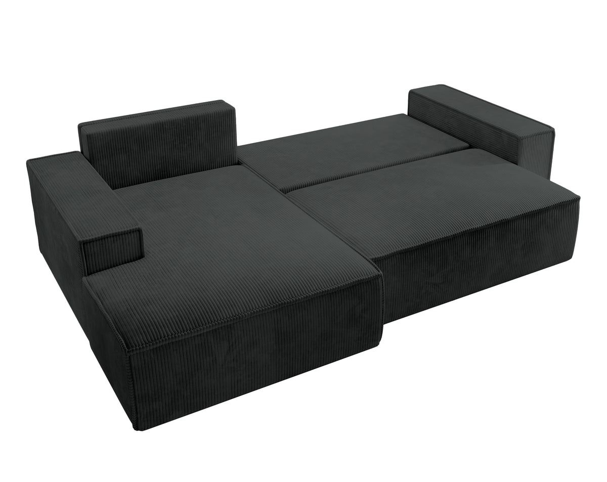 Ecksofa mit Schlaffunktion Farese New, L-förmig, mit Stauraum, schwarzer Cord, linksseitig
