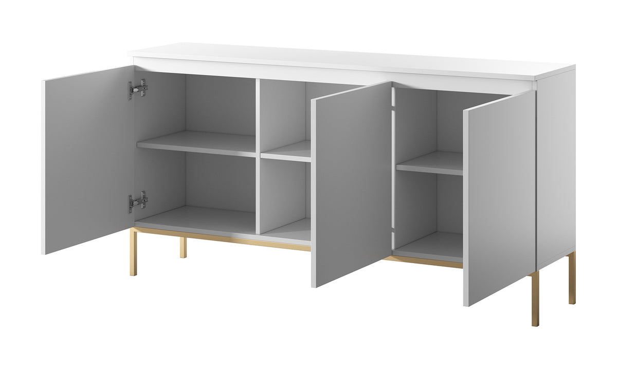 Commode trois portes Bemmi 150 cm blanche avec pieds dorés