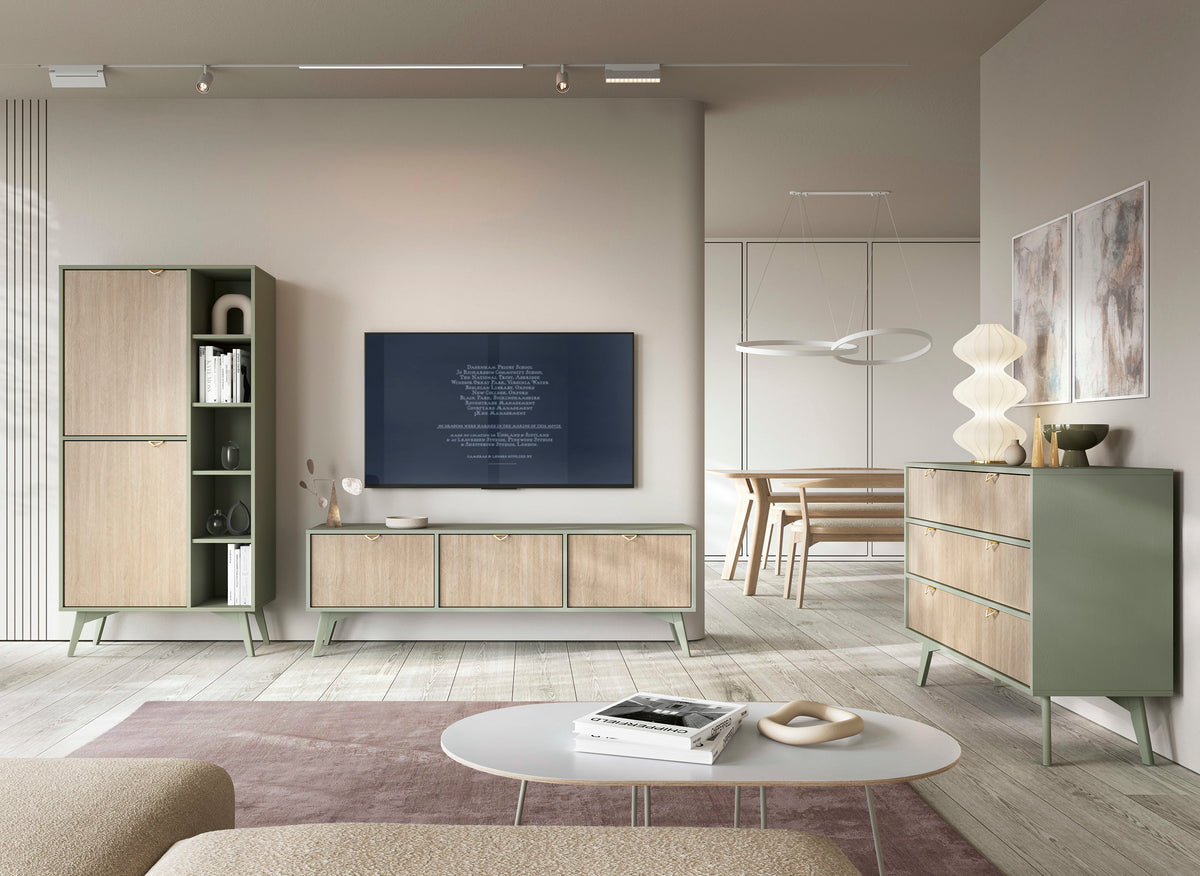 Commode Favoria avec tiroirs 106 cm eucalyptus/chevron scandi avec poignées dorées