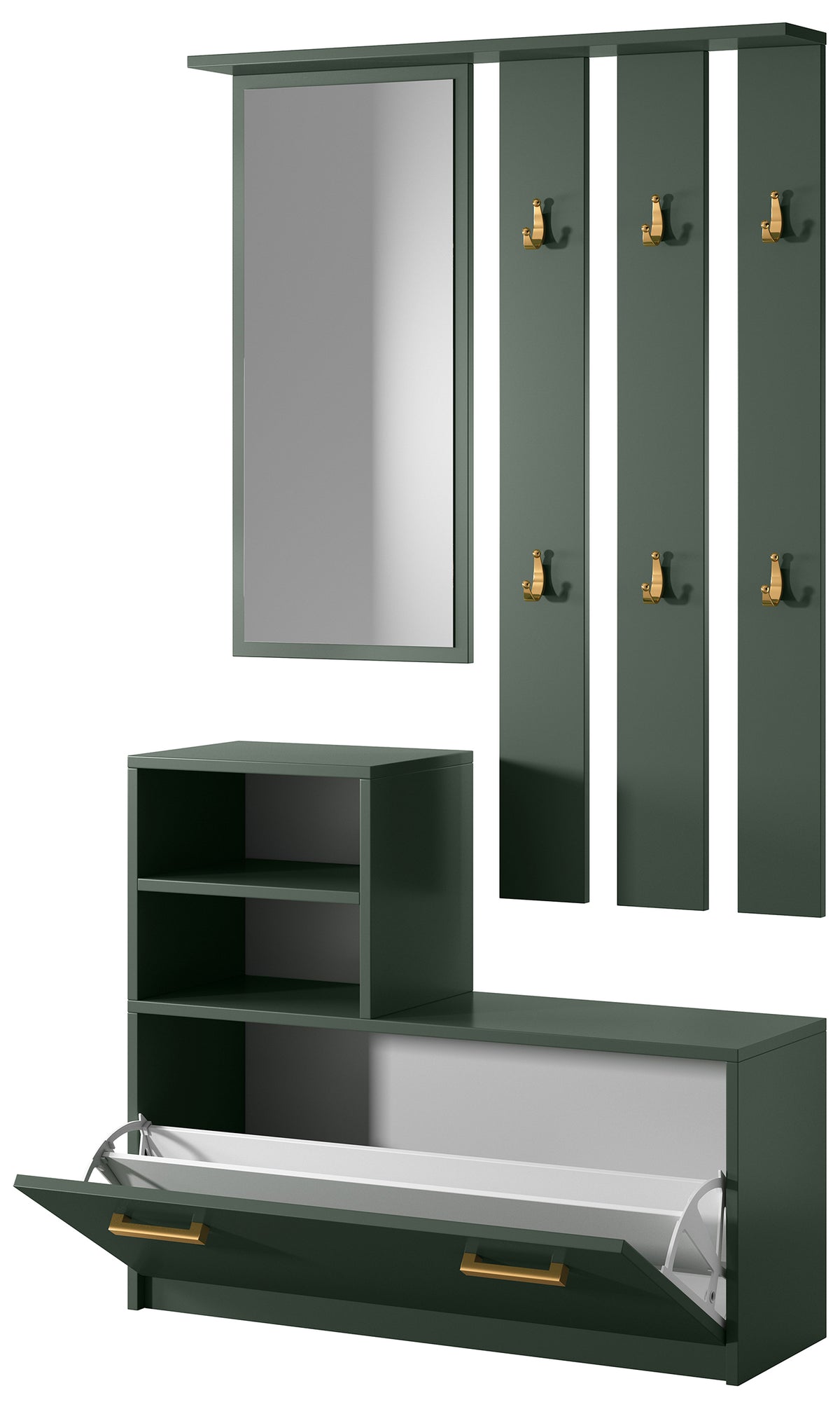 Ensemble d'entrée Yesfir vert bouteille avec miroir, patères, étagères et meuble à chaussures