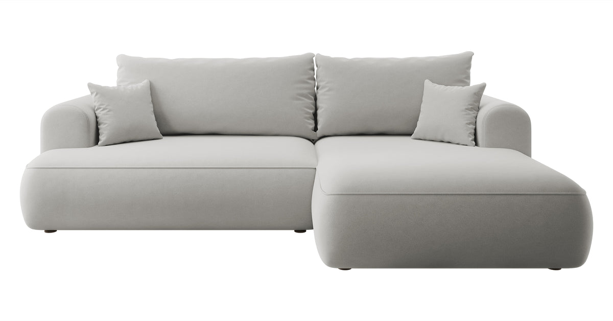Canapé d'angle convertible Ovo en velours gris, forme en L, avec coffre de rangement, tissu facile à nettoyer, version droite