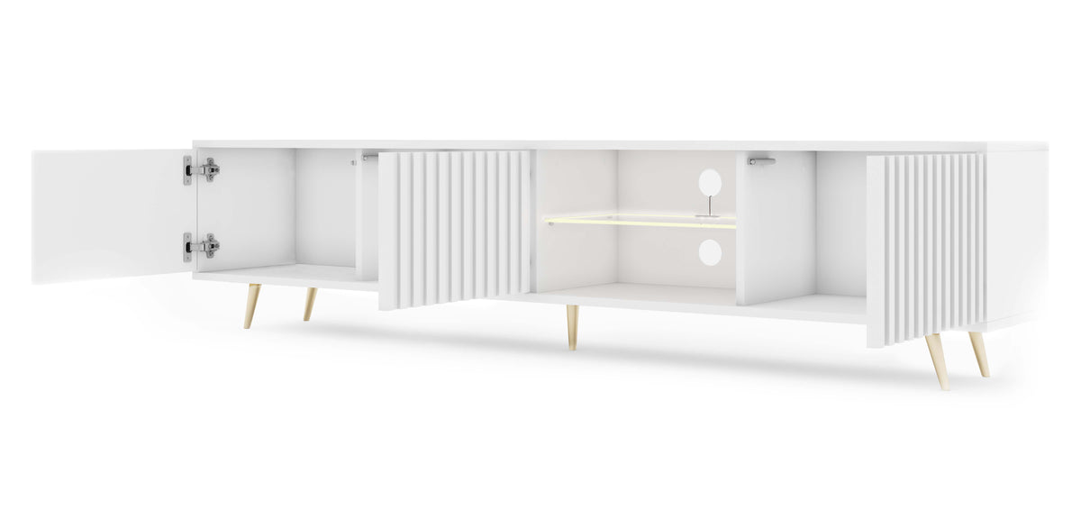 Meuble TV Bello avec façades à lamelles 175 cm blanc avec LED et pieds dorés