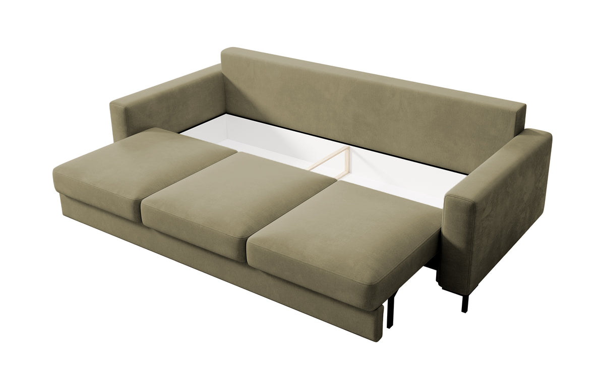 Canapé-lit 3 places Mokpeo avec coffre, velours beige foncé