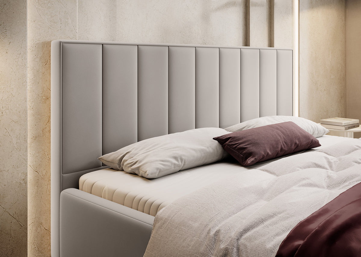 Lit tapissé 200x200 cm Rinus avec rangement gris beige en tissu hydrofuge