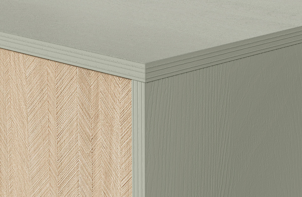 Commode Favoria avec tiroirs 106 cm eucalyptus/chevron scandi avec poignées dorées
