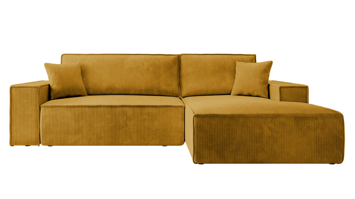 Canapé d'angle avec fonction couchage Farese New en velours côtelé moutarde, coffre de rangement, version droite